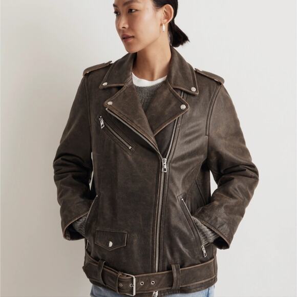 NEW Madewell Distressed Leather Oversized Motorcycle Jacket - Picture 3 of 15